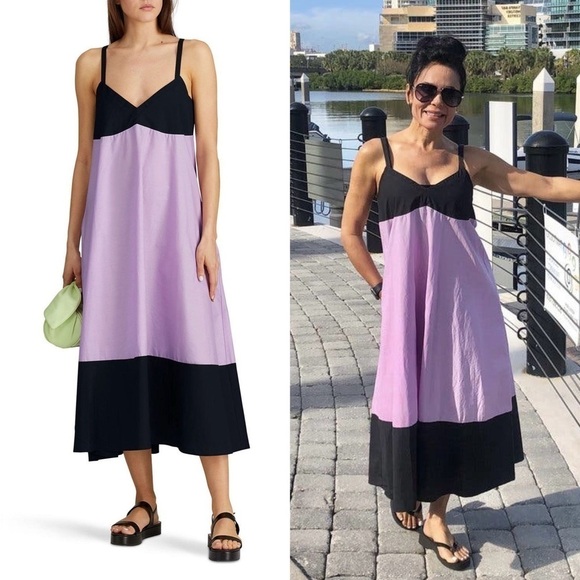 VEDA Lavender Colorblock Stripe Cotton Sleeveless V-Neck Babydoll Midi Dress S - Picture 1 of 9
